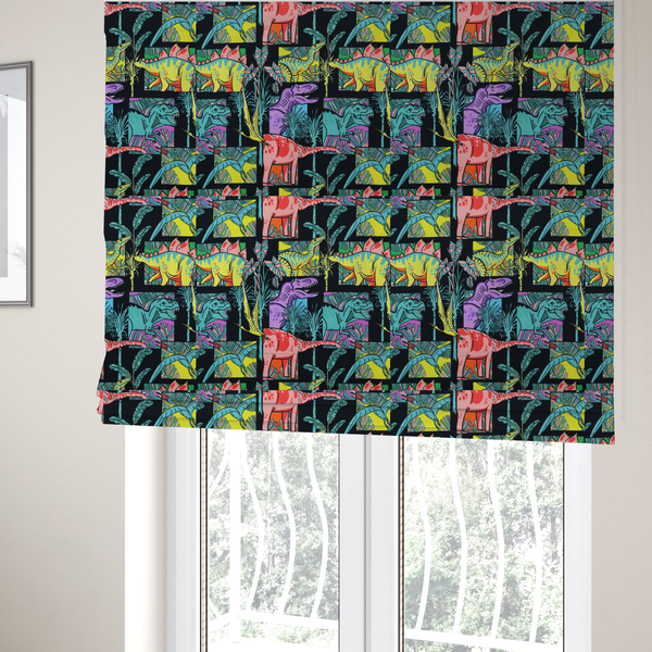 The fabric used to create these Roman blinds is a bold repeating pattern on a black background featuring colourful dinosaurs, including pink, yellow, teal, and purple species, framed within geometric panels and surrounded by tropical foliage.