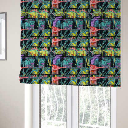 The fabric used to create these Roman blinds is a bold repeating pattern on a black background featuring colourful dinosaurs, including pink, yellow, teal, and purple species, framed within geometric panels and surrounded by tropical foliage.