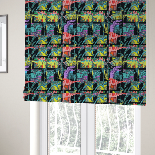 The fabric used to create these Roman blinds is a bold repeating pattern on a black background featuring colourful dinosaurs, including pink, yellow, teal, and purple species, framed within geometric panels and surrounded by tropical foliage.