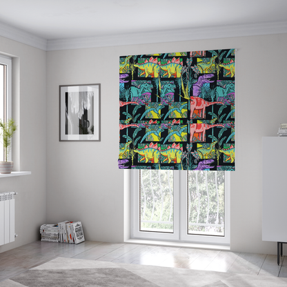 The fabric used to create these Roman blinds is a bold repeating pattern on a black background featuring colourful dinosaurs, including pink, yellow, teal, and purple species, framed within geometric panels and surrounded by tropical foliage.