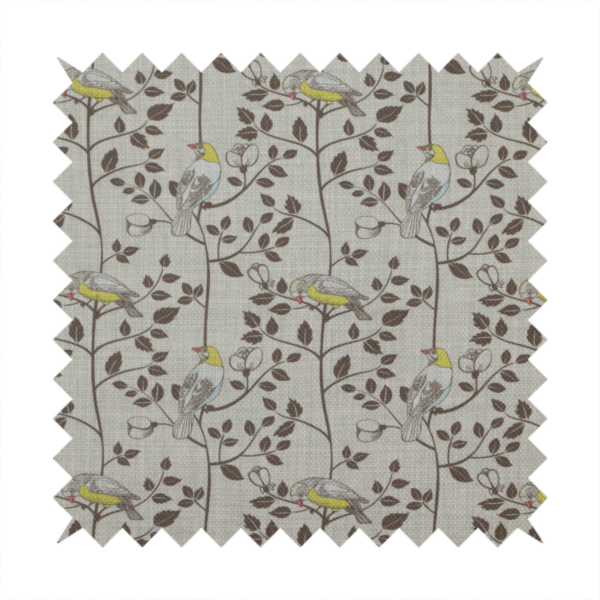 Vintage-style botanical fabric featuring yellow-bellied songbirds perched on climbing brown vines and rosebuds against a textured grey background.