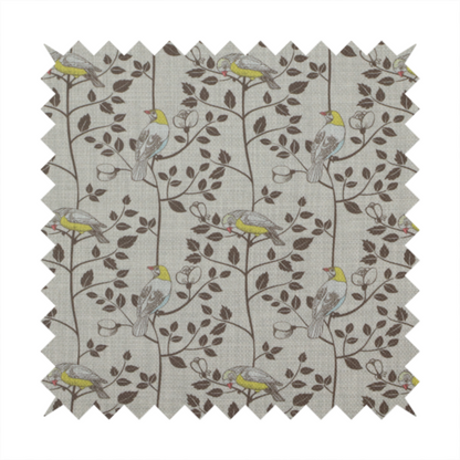 Vintage-style botanical fabric featuring yellow-bellied songbirds perched on climbing brown vines and rosebuds against a textured grey background.