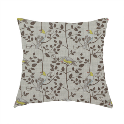 The fabric used for this handmade cushion is a vintage-style botanical fabric featuring yellow-bellied songbirds perched on climbing brown vines and rosebuds against a textured grey background.