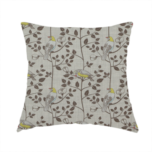 The fabric used for this handmade cushion is a vintage-style botanical fabric featuring yellow-bellied songbirds perched on climbing brown vines and rosebuds against a textured grey background.