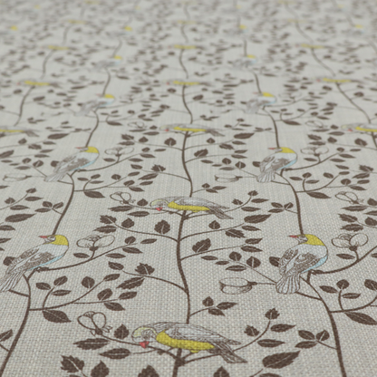 Vintage-style botanical fabric featuring yellow-bellied songbirds perched on climbing brown vines and rosebuds against a textured grey background.