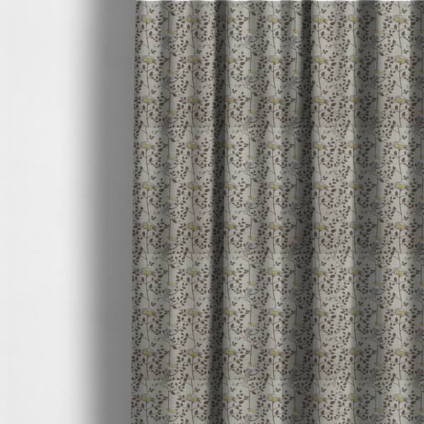 The fabric used to make these made-to-measure curtains is a vintage-style botanical fabric featuring yellow-bellied songbirds perched on climbing brown vines and rosebuds against a textured grey background.