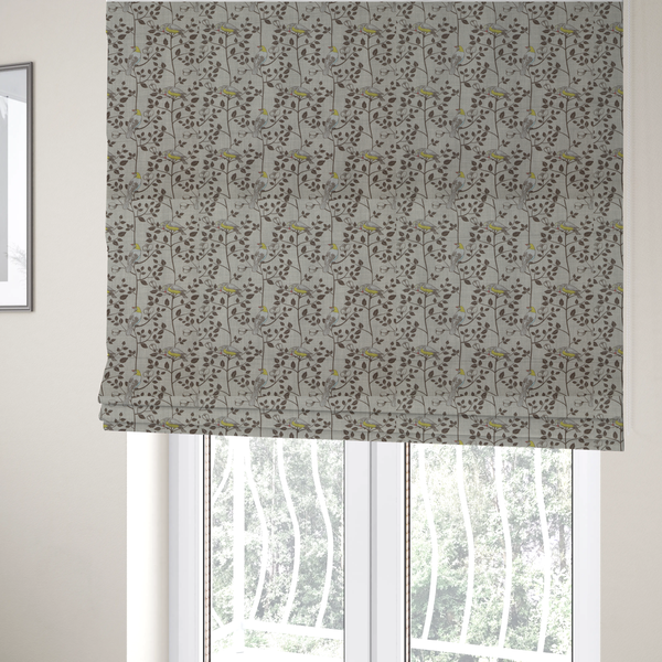 The fabric used to create the Roman blinds is a vintage-style botanical fabric featuring yellow-bellied songbirds perched on climbing brown vines and rosebuds against a textured grey background.