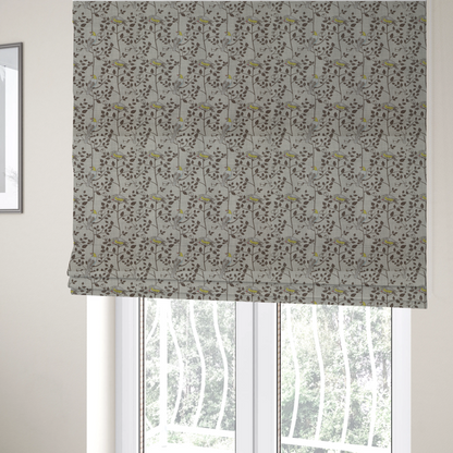 The fabric used to create the Roman blinds is a vintage-style botanical fabric featuring yellow-bellied songbirds perched on climbing brown vines and rosebuds against a textured grey background.