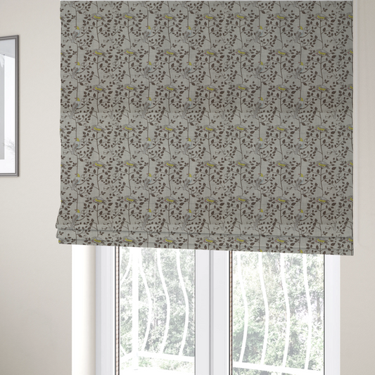 The fabric used to create the Roman blinds is a vintage-style botanical fabric featuring yellow-bellied songbirds perched on climbing brown vines and rosebuds against a textured grey background.