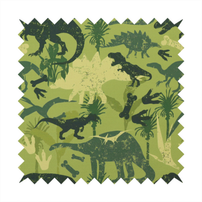A textured, distressed green and olive camouflage pattern featuring repeating silhouettes of dinosaurs, bones, footprints, and palm fronds.