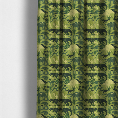 The fabric used to create these made-to-measure curtains is a textured, distressed green and olive camouflage pattern featuring repeating silhouettes of dinosaurs, bones, footprints, and palm fronds.