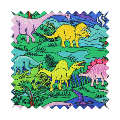 A vibrant, colourful repeating pattern featuring various cartoon dinosaurs including a pink long-neck, yellow triceratops, green T-Rex, and flying pterodactyls amidst a prehistoric landscape.