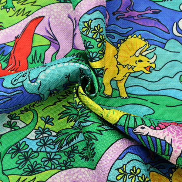 A vibrant, colourful repeating pattern featuring various cartoon dinosaurs including a pink long-neck, yellow triceratops, green T-Rex, and flying pterodactyls amidst a prehistoric landscape.