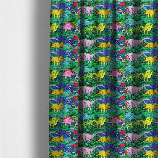 The fabric used to create these made-to-measure curtains is a vibrant, colourful repeating pattern featuring various cartoon dinosaurs including a pink long-neck, yellow triceratops, green T-Rex, and flying pterodactyls amidst a prehistoric landscape.