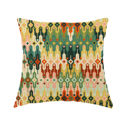 The fabric used to create this handmade cushion is a seamless geometric upholstery fabric pattern featuring an intricate, symmetrical Aztec-inspired motif of interlocking diamonds and vertical zigzags in earthy tones of green, rust, mustard yellow, and peach.