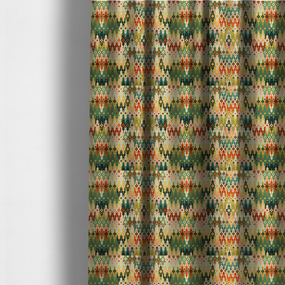 The fabric used to create these made-to-measure curtains is a seamless geometric upholstery fabric pattern featuring an intricate, symmetrical Aztec-inspired motif of interlocking diamonds and vertical zigzags in earthy tones of green, rust, mustard yellow, and peach.