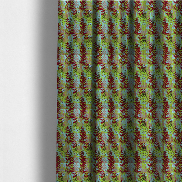 The fabric used to create these made-to-measure curtains is a dense, seamless repeating botanical pattern featuring an array of stylized leaves, foliage, and small blue flowers set against a bright lime green background. The various plant elements are rendered in shades of deep red, mauve, dark brown, and pale blue.