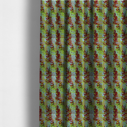 The fabric used to create these made-to-measure curtains is a dense, seamless repeating botanical pattern featuring an array of stylized leaves, foliage, and small blue flowers set against a bright lime green background. The various plant elements are rendered in shades of deep red, mauve, dark brown, and pale blue.