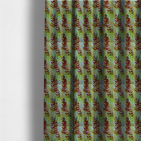 The fabric used to create these made-to-measure curtains is a dense, seamless repeating botanical pattern featuring an array of stylized leaves, foliage, and small blue flowers set against a bright lime green background. The various plant elements are rendered in shades of deep red, mauve, dark brown, and pale blue.