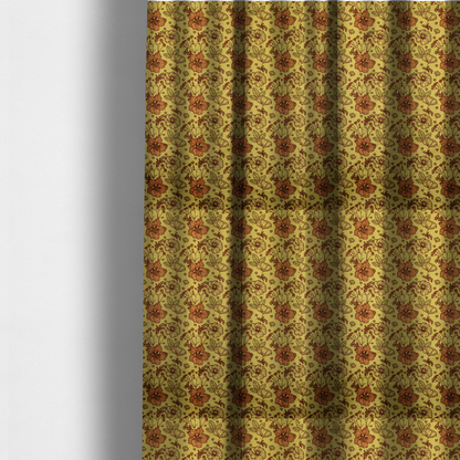 The fabric used to create these made-to-measure curtains is a seamless repeating botanical pattern featuring line-drawn flowers and foliage in shades of brown and burnt orange, set against a mustard yellow or gold background. The design includes clustered blossoms, delicate branching stems, and leafy elements arranged in a consistent layout.