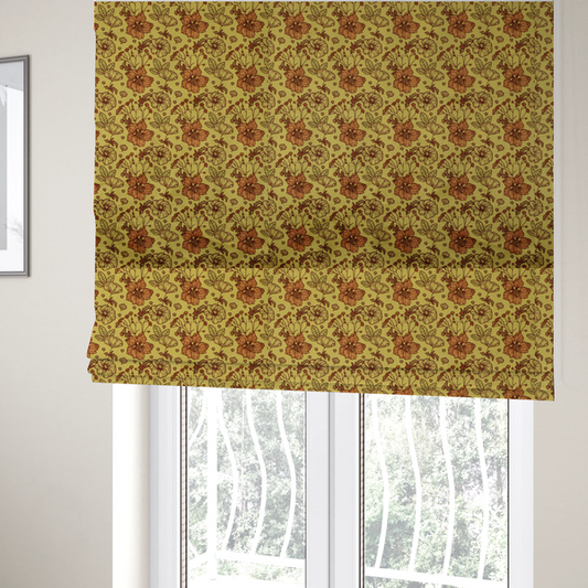 The fabric used to create these Roman blinds is a seamless repeating botanical pattern featuring line-drawn flowers and foliage in shades of brown and burnt orange, set against a mustard yellow or gold background. The design includes clustered blossoms, delicate branching stems, and leafy elements arranged in a consistent layout.