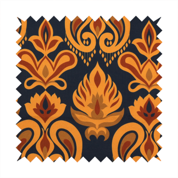 Close-up of a decorative upholstery fabric with a repeating Ikat-style floral motif. The colour palette consists of Mustard Gold, Rust, and Earthy Brown on a Midnight Black woven base, featuring stylized teardrop swirls and geometric petal patterns.