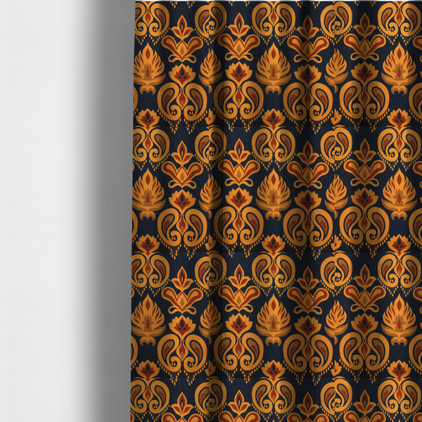 The fabric used to create these made-to-measure curtains is a decorative upholstery fabric with a repeating Ikat-style floral motif. The colour palette consists of Mustard Gold, Rust, and Earthy Brown on a Midnight Black woven base, featuring stylized teardrop swirls and geometric petal patterns.