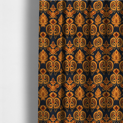 The fabric used to create these made-to-measure curtains is a decorative upholstery fabric with a repeating Ikat-style floral motif. The colour palette consists of Mustard Gold, Rust, and Earthy Brown on a Midnight Black woven base, featuring stylized teardrop swirls and geometric petal patterns.