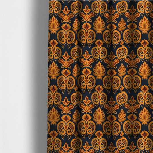 The fabric used to create these made-to-measure curtains is a decorative upholstery fabric with a repeating Ikat-style floral motif. The colour palette consists of Mustard Gold, Rust, and Earthy Brown on a Midnight Black woven base, featuring stylized teardrop swirls and geometric petal patterns.