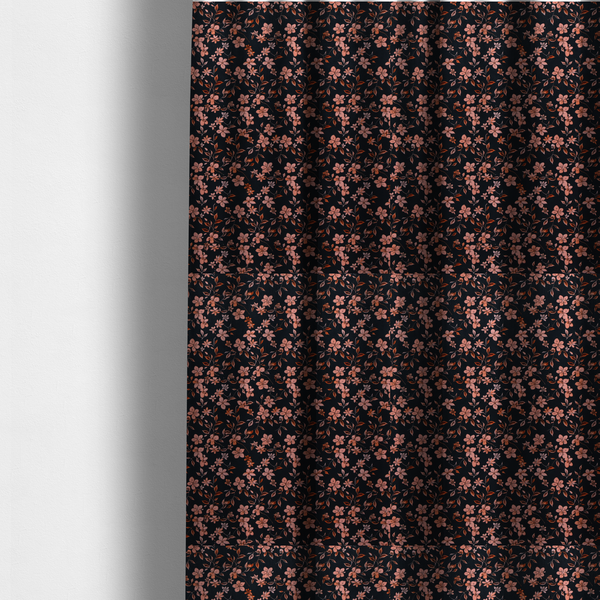 The fabric used to create these made-to-measure curtains is a seamless repeating botanical pattern featuring small pinkish-peach flowers and delicate leafy branches set against a dark, near-black background.