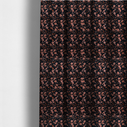 The fabric used to create these made-to-measure curtains is a seamless repeating botanical pattern featuring small pinkish-peach flowers and delicate leafy branches set against a dark, near-black background.