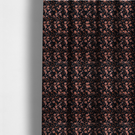 The fabric used to create these made-to-measure curtains is a seamless repeating botanical pattern featuring small pinkish-peach flowers and delicate leafy branches set against a dark, near-black background.