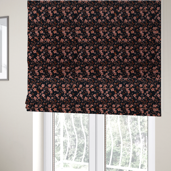 The fabric used to create these Roman blinds is a seamless repeating botanical pattern featuring small pinkish-peach flowers and delicate leafy branches set against a dark, near-black background.