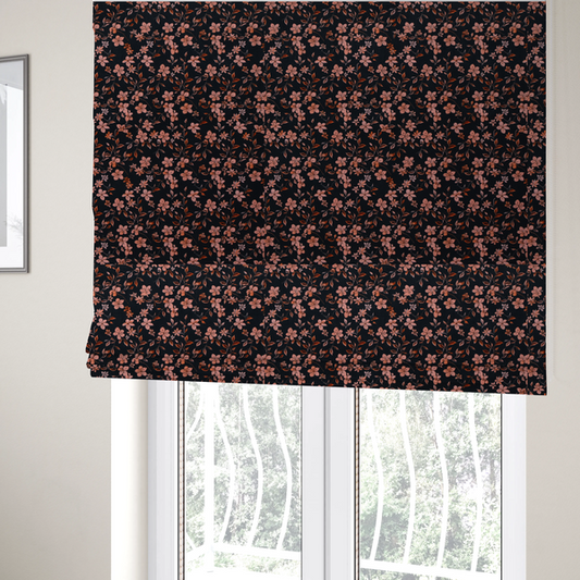 The fabric used to create these Roman blinds is a seamless repeating botanical pattern featuring small pinkish-peach flowers and delicate leafy branches set against a dark, near-black background.