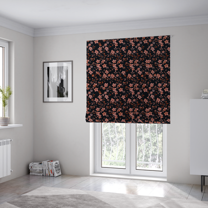 The fabric used to create these Roman blinds is a seamless repeating botanical pattern featuring small pinkish-peach flowers and delicate leafy branches set against a dark, near-black background.