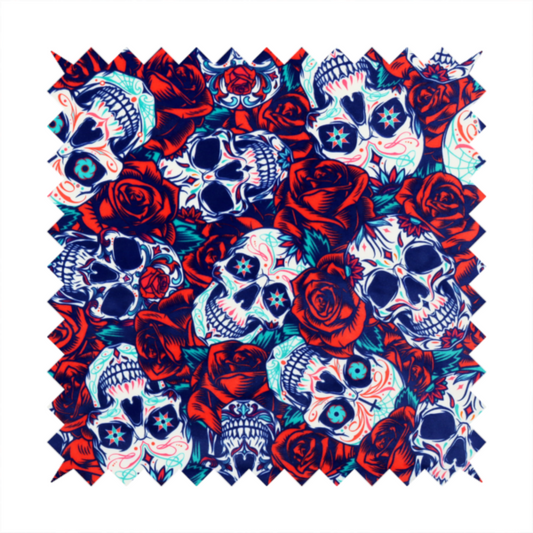 A vibrant repeating pattern on a dark background featuring decorated sugar skulls with intricate blue and red designs, surrounded by deep red roses and green leaves.