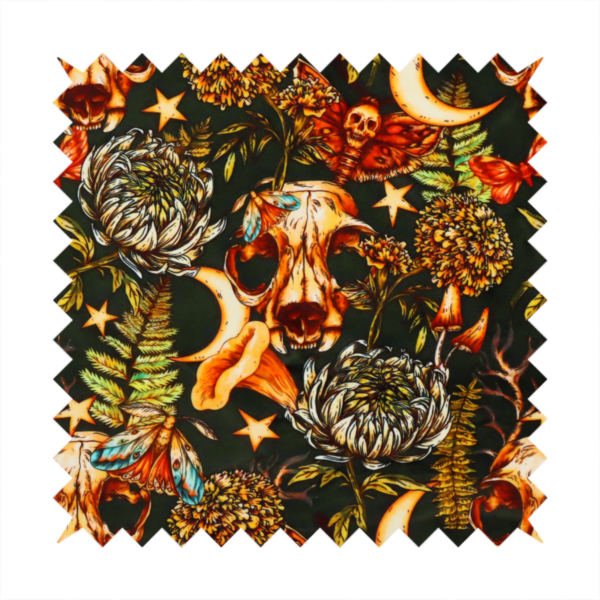 A dark and mystical repeating pattern featuring animal skulls, crescent moons, stars, moths, ferns, and chrysanthemums in warm golden and orange tones.