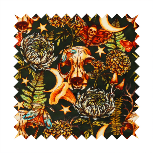 A dark and mystical repeating pattern featuring animal skulls, crescent moons, stars, moths, ferns, and chrysanthemums in warm golden and orange tones.