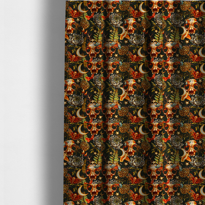 The fabric used to create these made-to-measure curtains is a dark and mystical repeating pattern featuring animal skulls, crescent moons, stars, moths, ferns, and chrysanthemums in warm golden and orange tones.