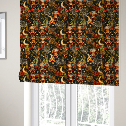The fabric used to create these Roman blinds is a dark and mystical repeating pattern featuring animal skulls, crescent moons, stars, moths, ferns, and chrysanthemums in warm golden and orange tones.