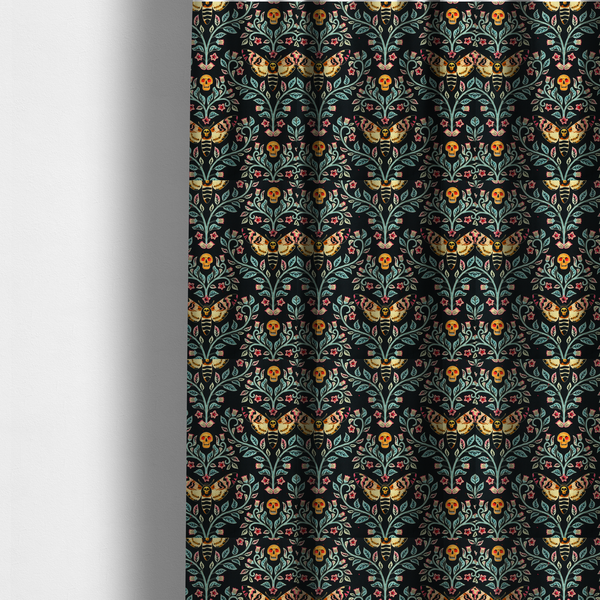 The fabric used to create these made-to-measure curtains is a symmetrical, damask-style repeating pattern on a black background featuring death's-head hawkmoths, human skulls, and ornate scrolling blue-green vines with pink and red flowers.