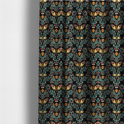 The fabric used to create these made-to-measure curtains is a symmetrical, damask-style repeating pattern on a black background featuring death's-head hawkmoths, human skulls, and ornate scrolling blue-green vines with pink and red flowers.