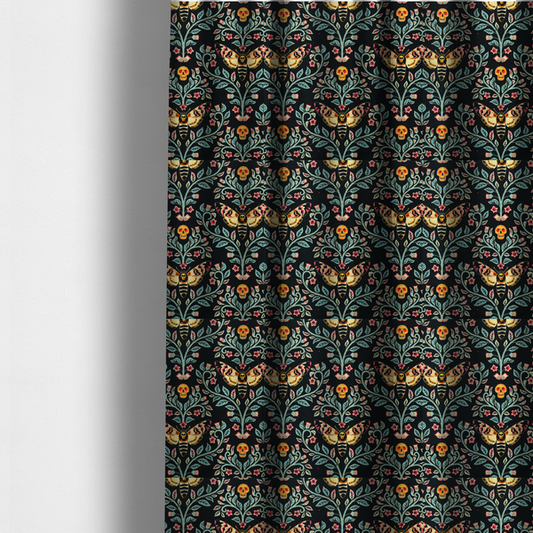 The fabric used to create these made-to-measure curtains is a symmetrical, damask-style repeating pattern on a black background featuring death's-head hawkmoths, human skulls, and ornate scrolling blue-green vines with pink and red flowers.