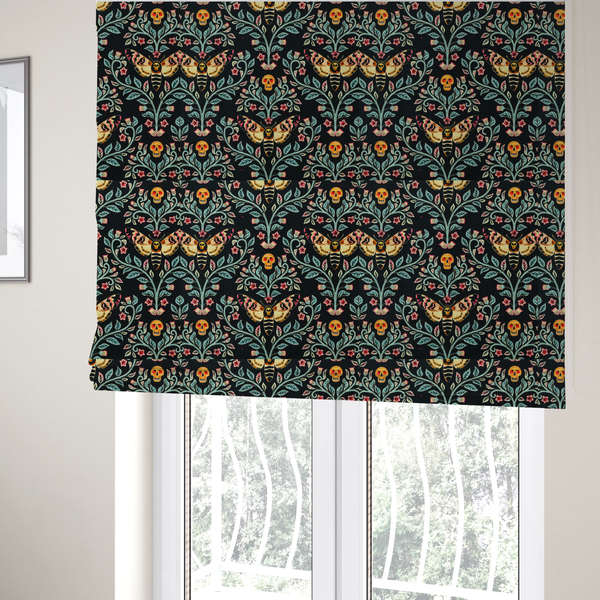 The fabric used to create these Roman blinds is a symmetrical, damask-style repeating pattern on a black background featuring death's-head hawkmoths, human skulls, and ornate scrolling blue-green vines with pink and red flowers.