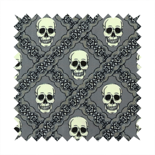 A repeating pattern on a grey background featuring off-white human skulls arranged in a grid, separated by diagonal intersecting bands of ornate black lace with intricate scrollwork.