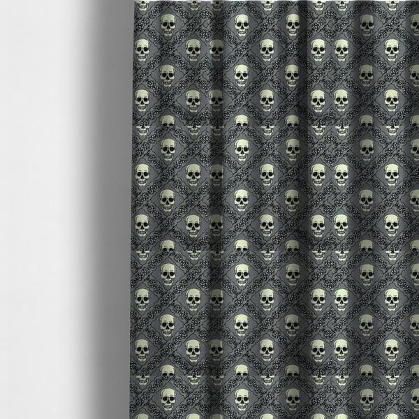 The fabric used to create these made-to-measure curtains is a repeating pattern on a grey background featuring off-white human skulls arranged in a grid, separated by diagonal intersecting bands of ornate black lace with intricate scrollwork.