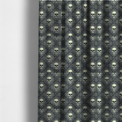 The fabric used to create these made-to-measure curtains is a repeating pattern on a grey background featuring off-white human skulls arranged in a grid, separated by diagonal intersecting bands of ornate black lace with intricate scrollwork.