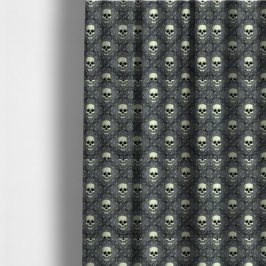 The fabric used to create these made-to-measure curtains is a repeating pattern on a grey background featuring off-white human skulls arranged in a grid, separated by diagonal intersecting bands of ornate black lace with intricate scrollwork.