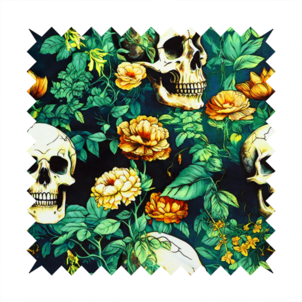 A detailed repeating pattern on a dark background featuring ivory human skulls entwined with vibrant green leafy vines and blooming yellow and orange flowers.