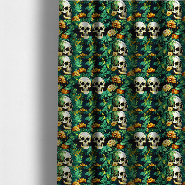 The fabric used to create these made-to-measure curtains is a detailed repeating pattern on a dark background featuring ivory human skulls entwined with vibrant green leafy vines and blooming yellow and orange flowers.